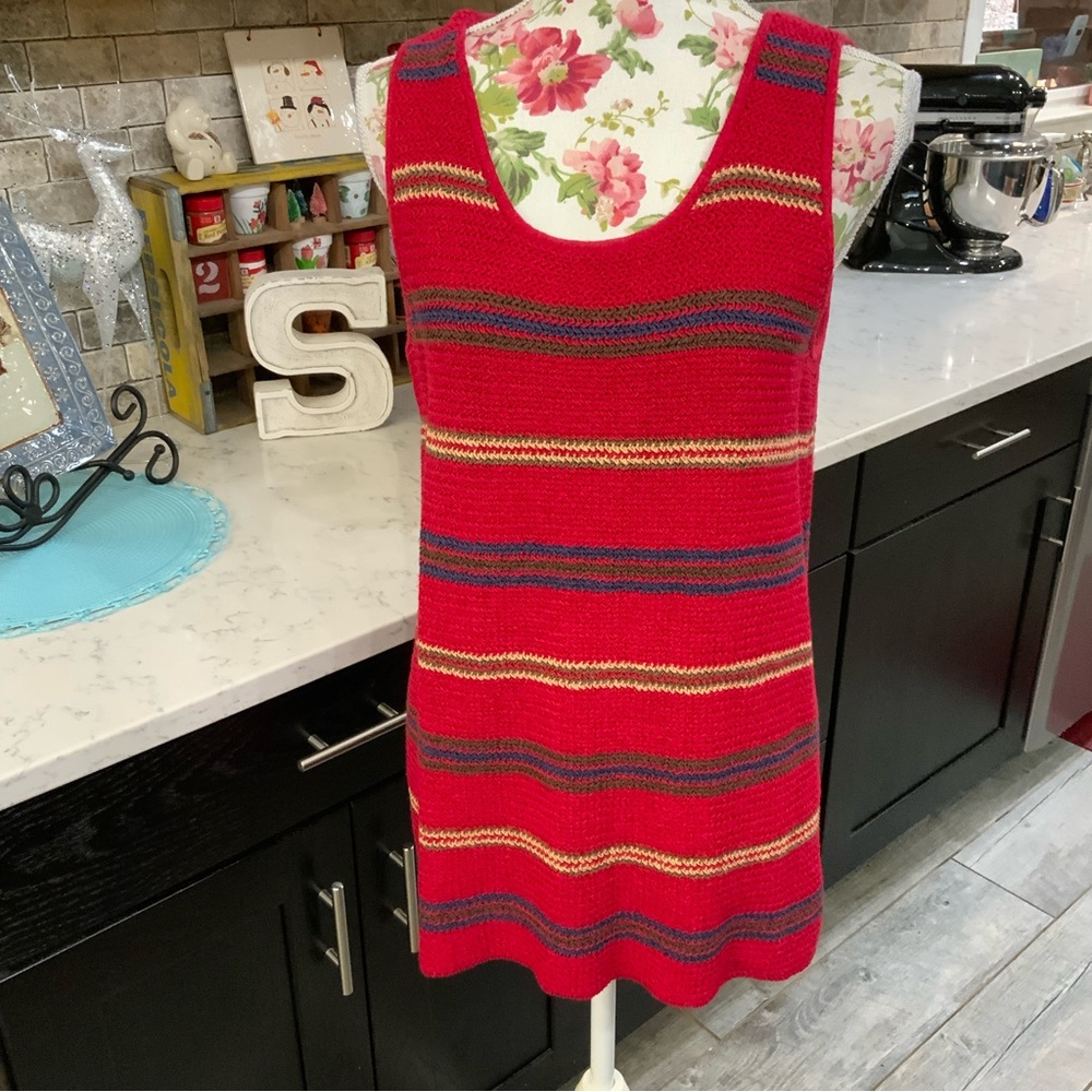 Lauren Ralph Lauren Red Knit Sweater with Blue and Gold Stripes